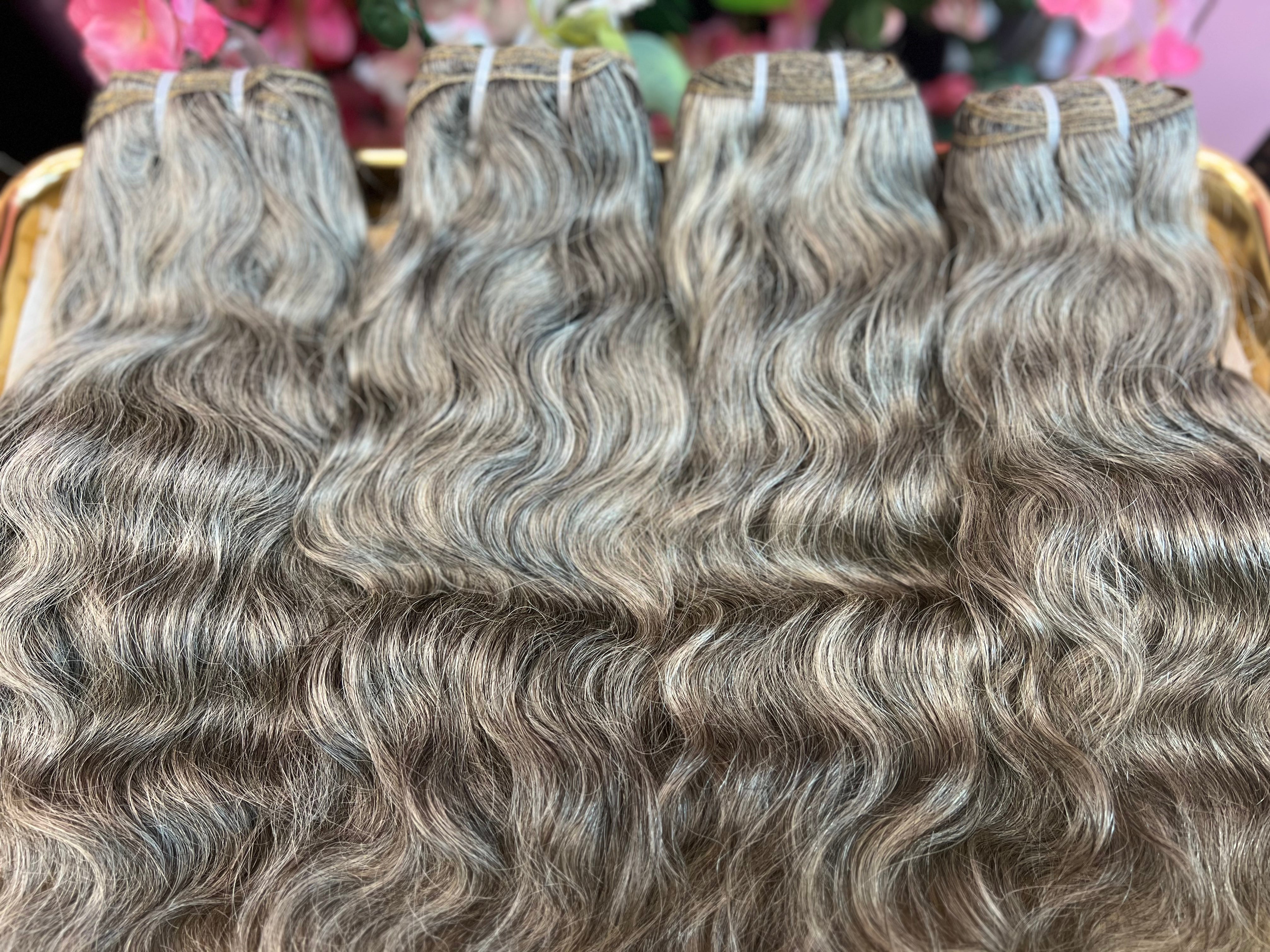 Raw Salt/Pepper Gray Indian Temple Curly Bundles (Single Donor) sold per 1 bundle