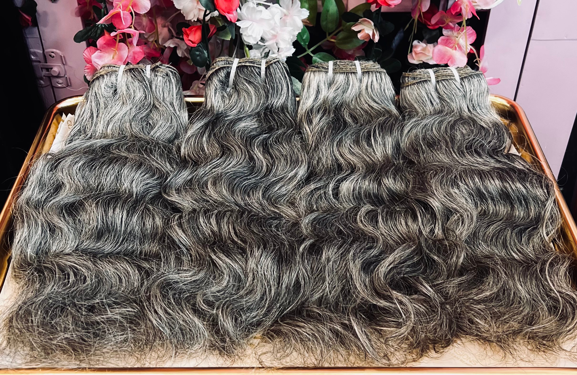 Raw Salt/Pepper Gray Indian Temple Curly Bundles (Single Donor) sold per 1 bundle