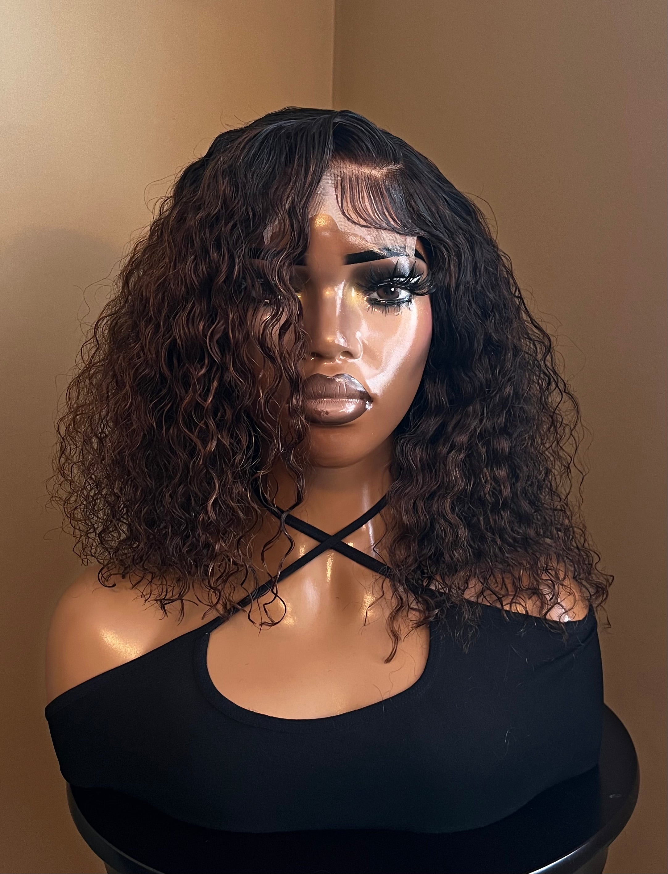 16" Curly Brown Wig 4x4 Transparent Lace