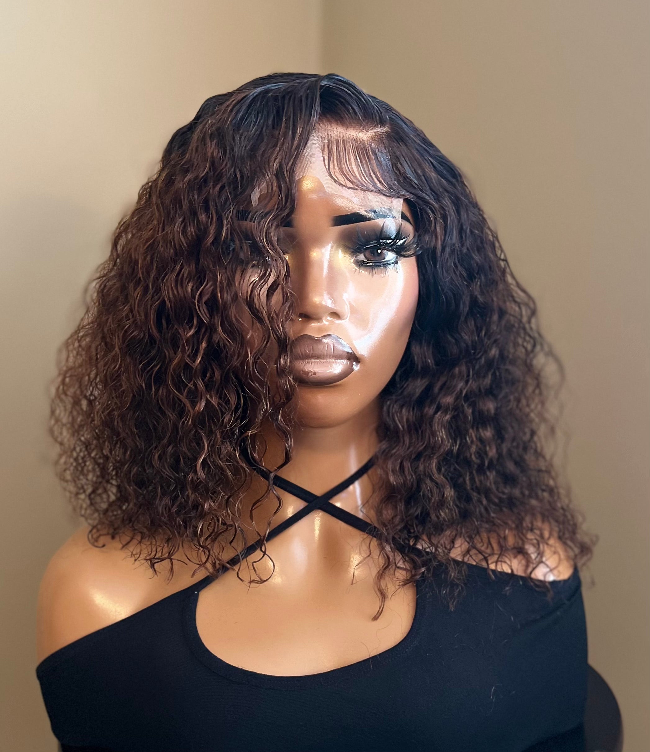 16" Curly Brown Wig 4x4 Transparent Lace