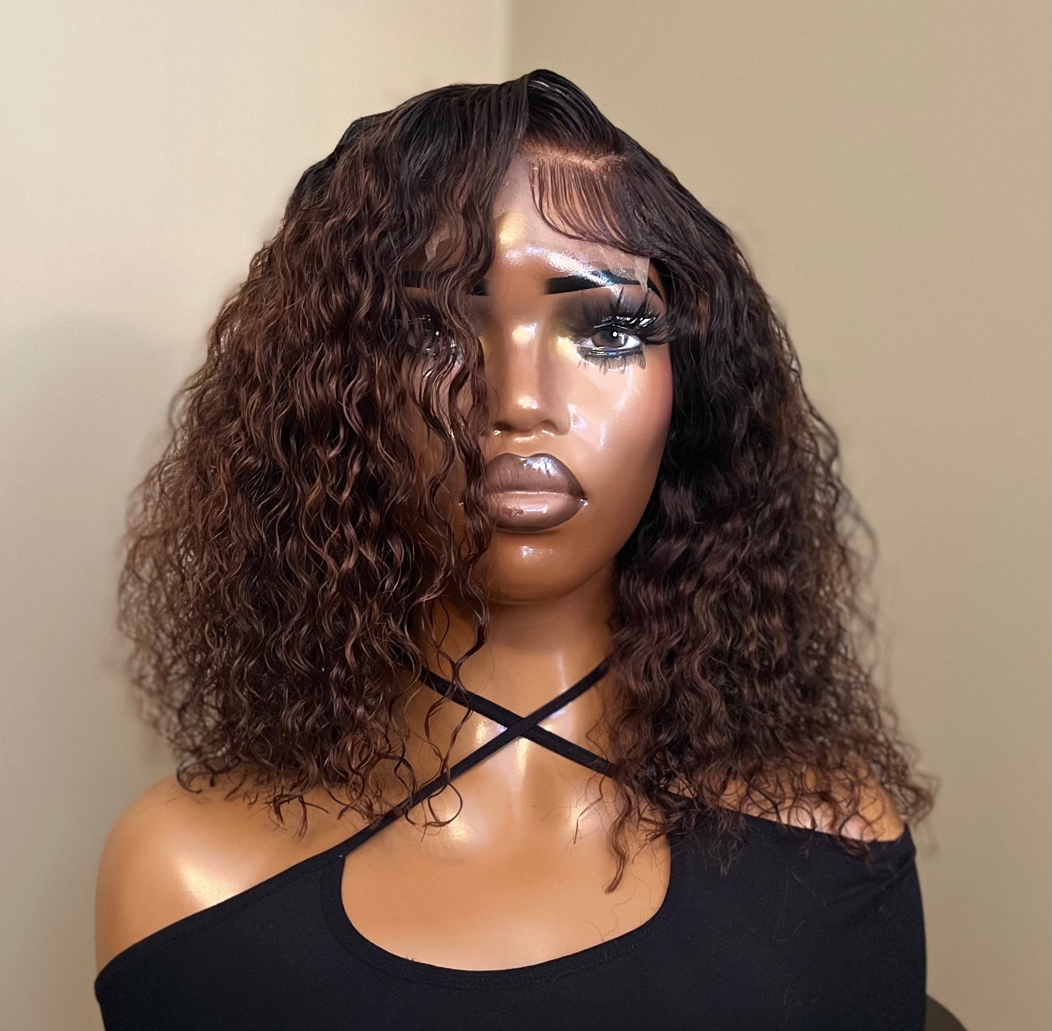 16" Curly Brown Wig 4x4 Transparent Lace