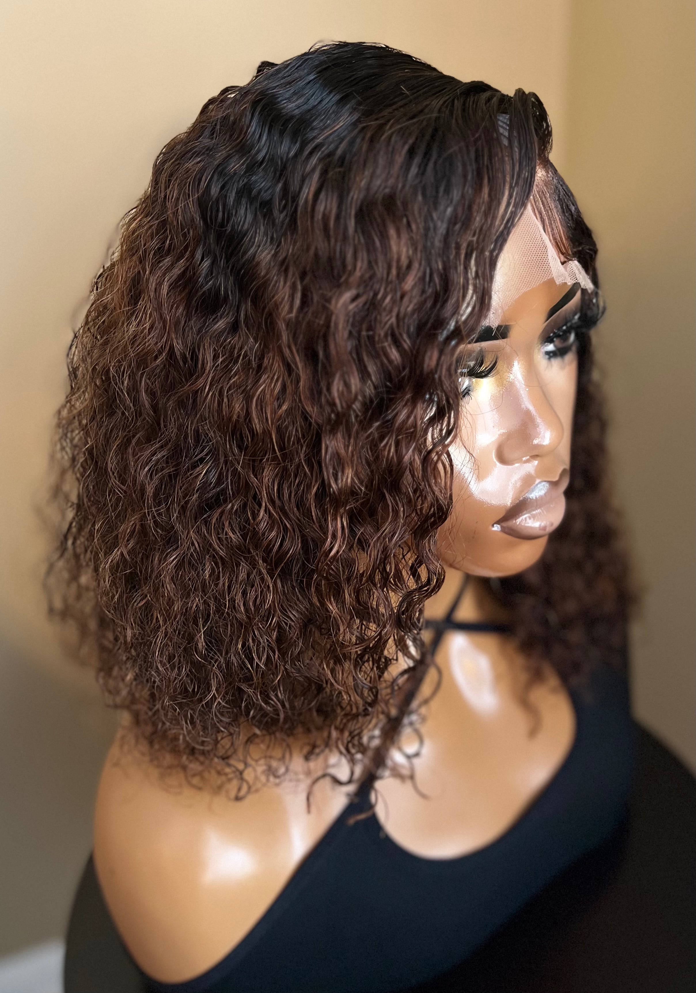16" Curly Brown Wig 4x4 Transparent Lace